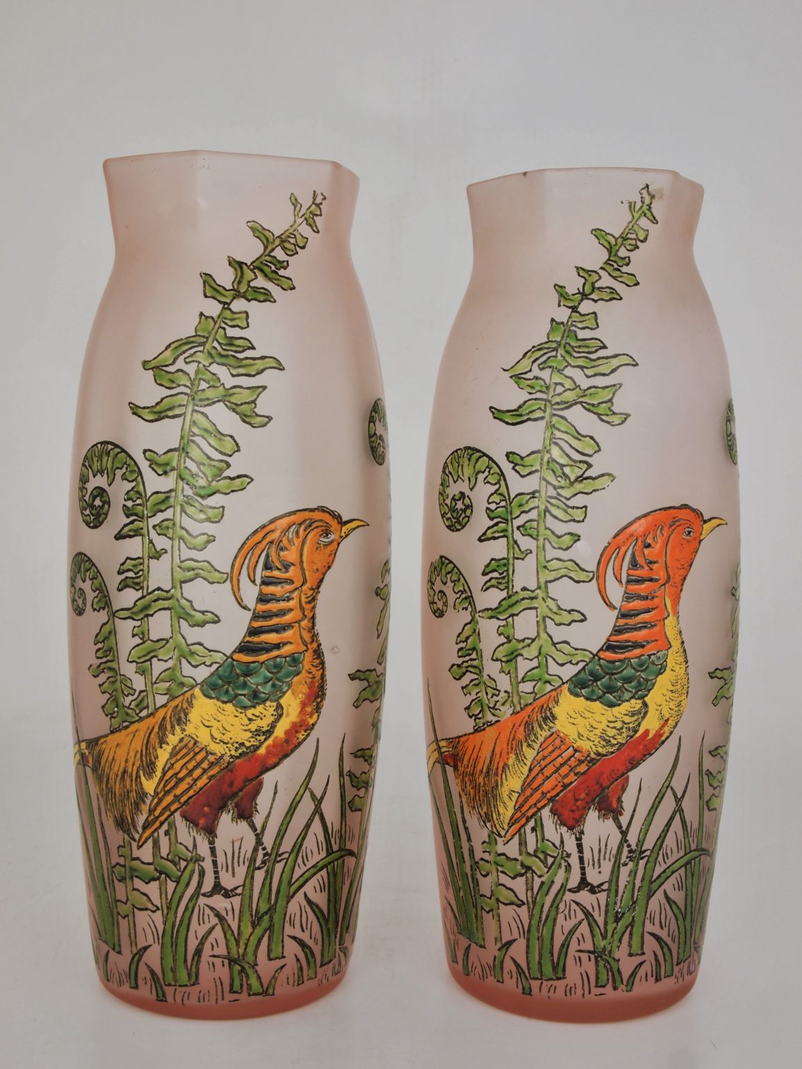 Pair of Enamelled Vases with Pheasants by Légras - Nouveau Deco Arts