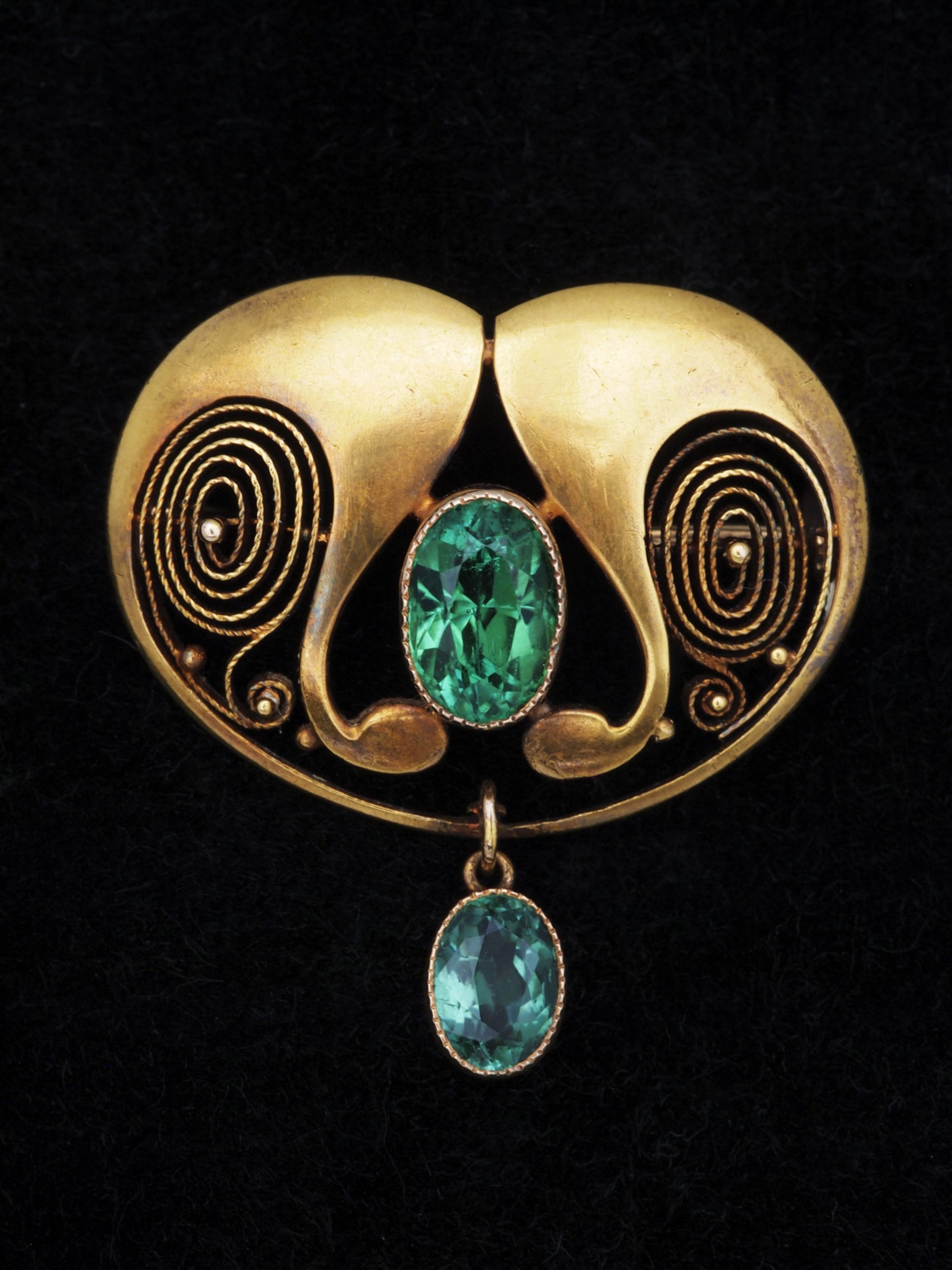 Murrle Bennett Gold Brooch with Green Tourmalines* - Nouveau Deco Arts